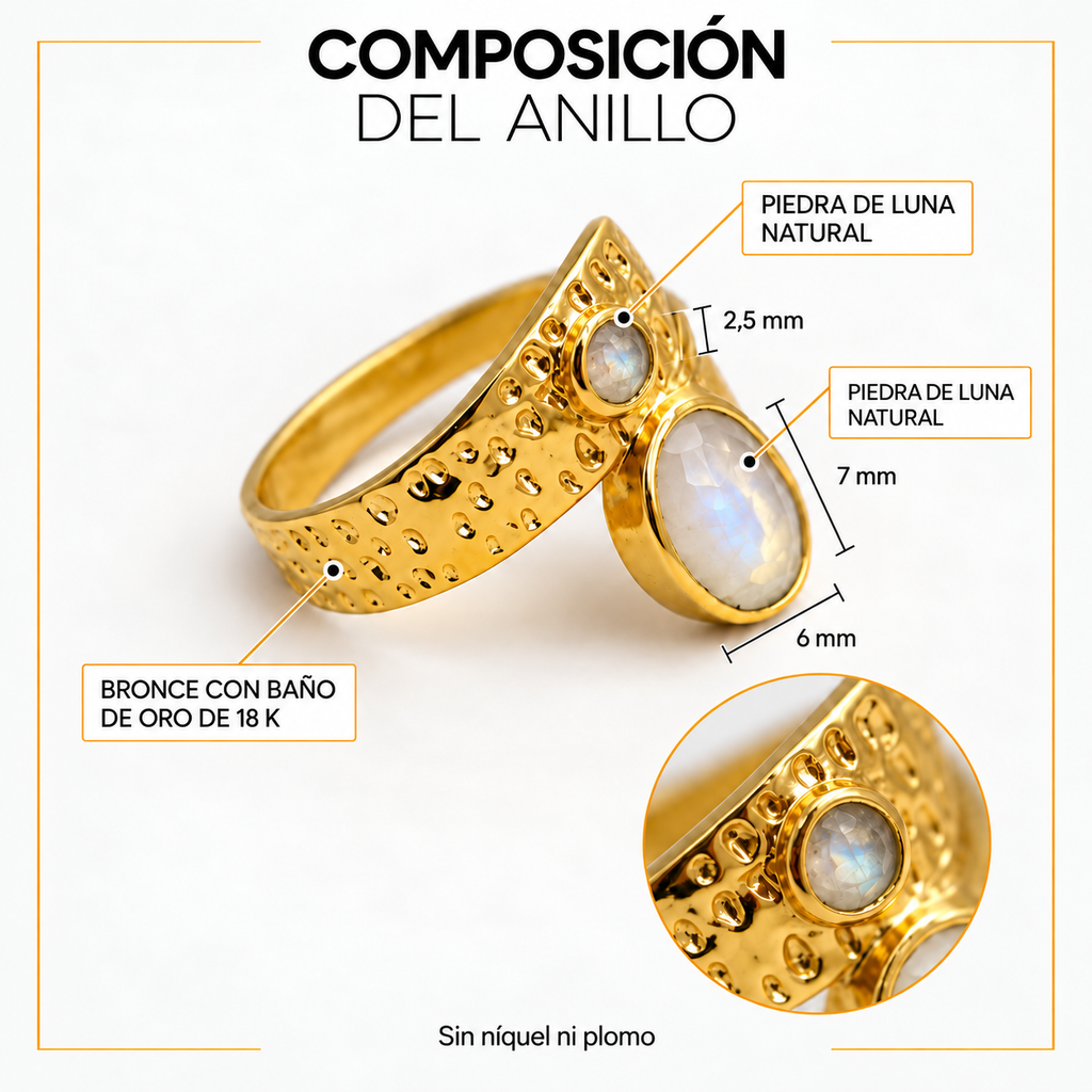 Composición del Anillo Luna: bronce con baño de oro de 18 quilates y dos piedras de luna naturales de 7 por 6 mm y 2,5 mm; sin níquel ni plomo.