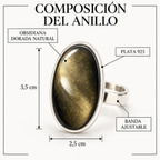 Composición del Anillo México: obsidiana dorada natural, plata 925 y banda ajustable. Piedra de 3,5 cm de largo por 2,5 cm de ancho.