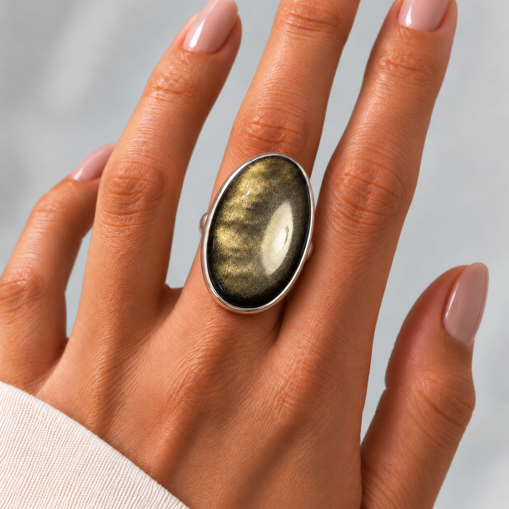 Anillo México de plata 925 con obsidiana dorada natural, centrado y alineado en el dedo de una modelo con manicura natural.