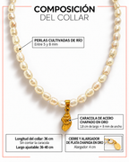 Composición del Collar Cadaqués: perlas cultivadas de río de entre 5 y 8 mm, caracola de acero chapado en oro de 1,8 cm por 8 mm y collar de 36 cm. Cierre y alargador de plata chapada en oro de 4 cm, con pequeño detalle señalado abajo a la derecha. Largo ajustable de 36 a 40 cm.