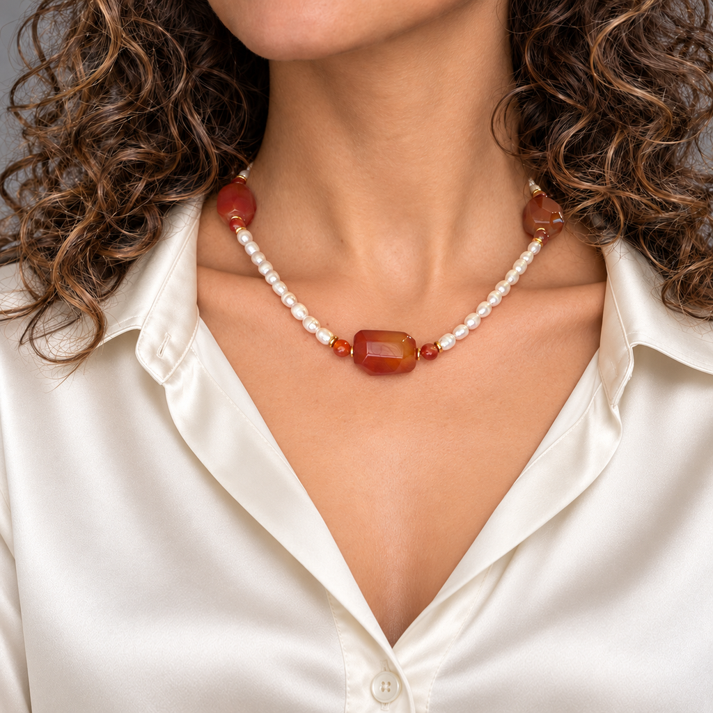 Collar Calella de perlas y cornalina sobre una modelo con blusa de seda blanco roto.