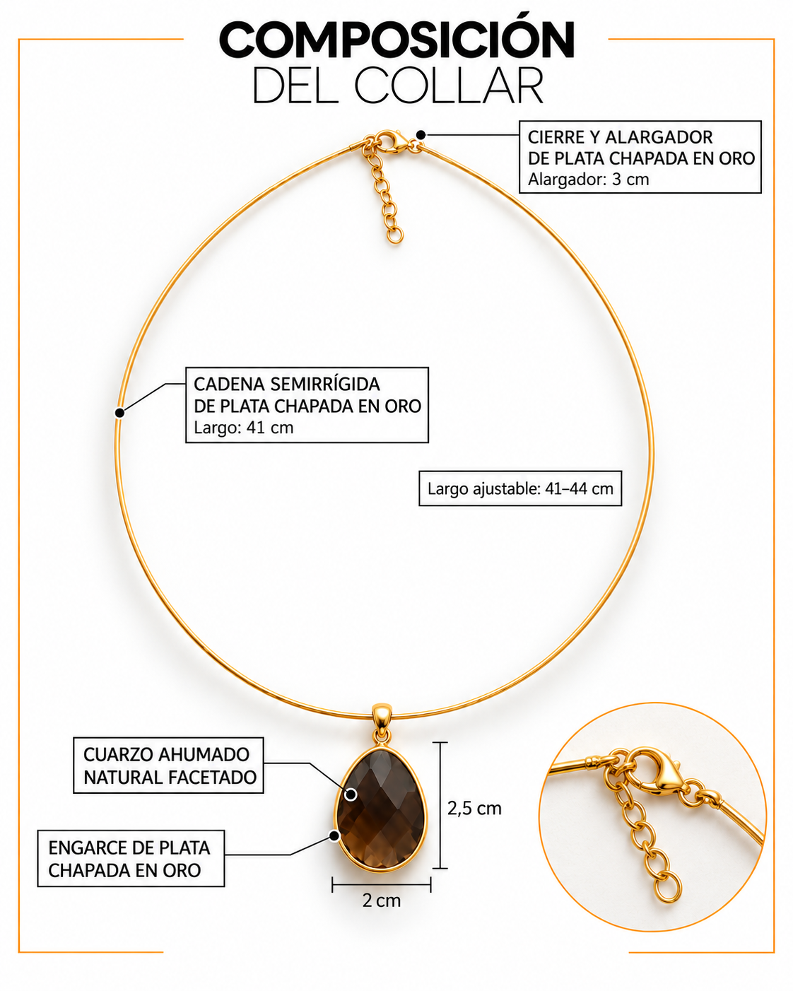 Infografía del Collar Elegance: cadena de 41 cm, alargador de 3 cm, cuarzo ahumado de 2,5 × 2 cm y todos los elementos metálicos de plata chapada en oro.