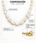 Composición del Collar Nácar: cuentas de nácar natural de 10 × 8 mm, largo de 38 cm y alargador de 5 cm; cierre y alargador de acero chapado en oro.