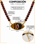 Composición del collar de ojo de tigre y rubí reconstituido: largo de 40 cm, cuentas de 3 mm, pieza central de 2,5 × 1,8 cm y alargador de 5 cm.