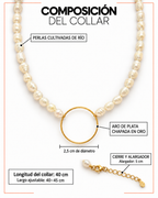 Infografía del Collar Pals Round: perlas cultivadas de río, aro de plata chapada en oro de 2,5 cm de diámetro, collar de 40 cm y alargador de 5 cm; largo ajustable de 40 a 45 cm.