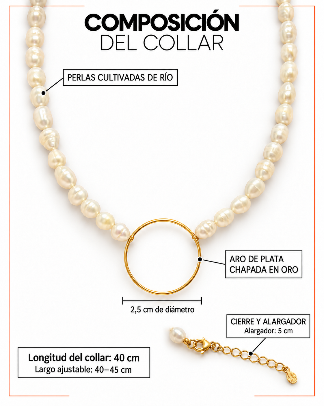 Infografía del Collar Pals Round: perlas cultivadas de río, aro de plata chapada en oro de 2,5 cm de diámetro, collar de 40 cm y alargador de 5 cm; largo ajustable de 40 a 45 cm.