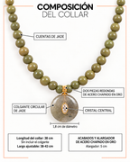 Infografía del Collar Sa Riera: cuentas de jade, colgante de jade con cristal central de 1,8 cm de diámetro, longitud de 38 cm y alargador de 5 cm. Dos piezas redondas frontales, acabados y alargador de acero chapado en oro.