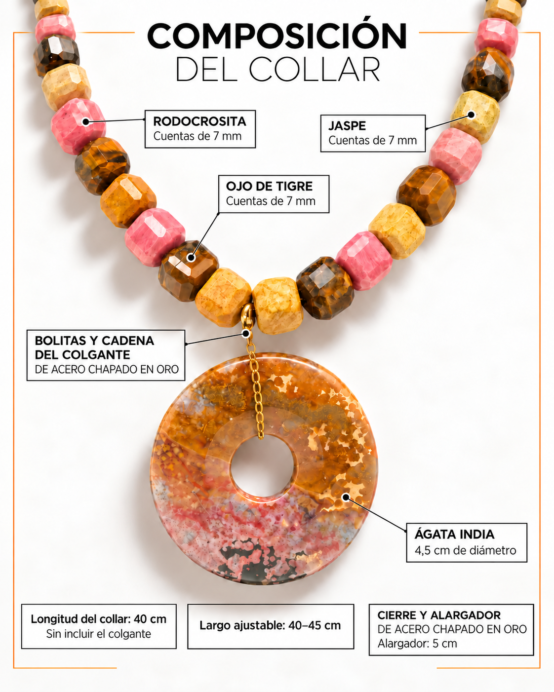 Infografía del Collar Tamariu: rodocrosita rosa, ojo de tigre marrón y jaspe beige de 7 mm; ágata india de 4,5 cm de diámetro; collar de 40 cm y alargador de 5 cm. Bolitas, cadena del colgante, cierre y alargador de acero chapado en oro.