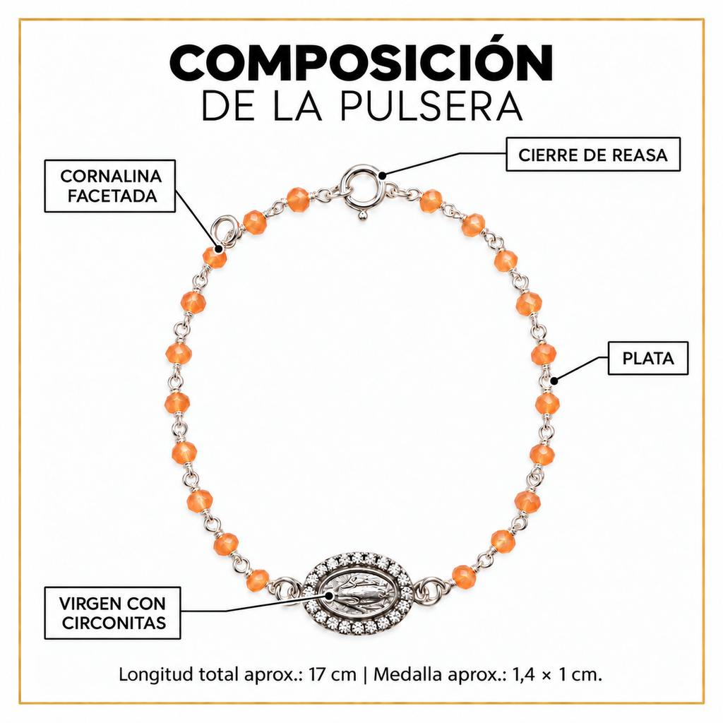 Composición de Pulsera Alma: plata, cornalina facetada y Virgen con circonitas; longitud aproximada 17 cm y medalla 1,4 por 1 cm
