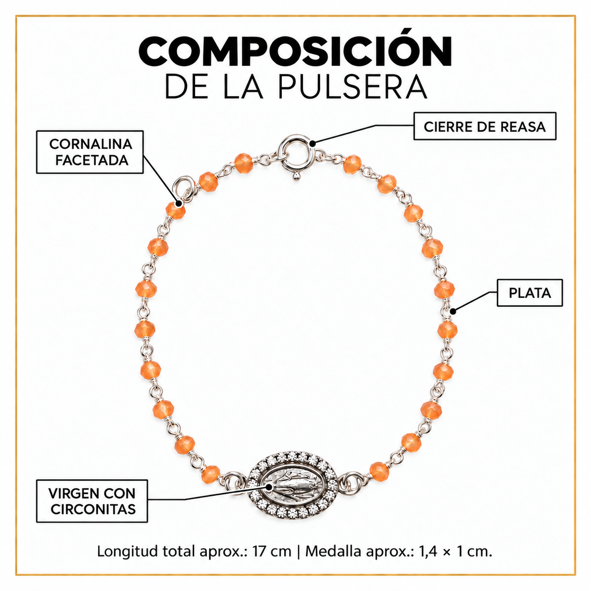 Composición de Pulsera Alma: plata, cornalina facetada y Virgen con circonitas; longitud aproximada 17 cm y medalla 1,4 por 1 cm