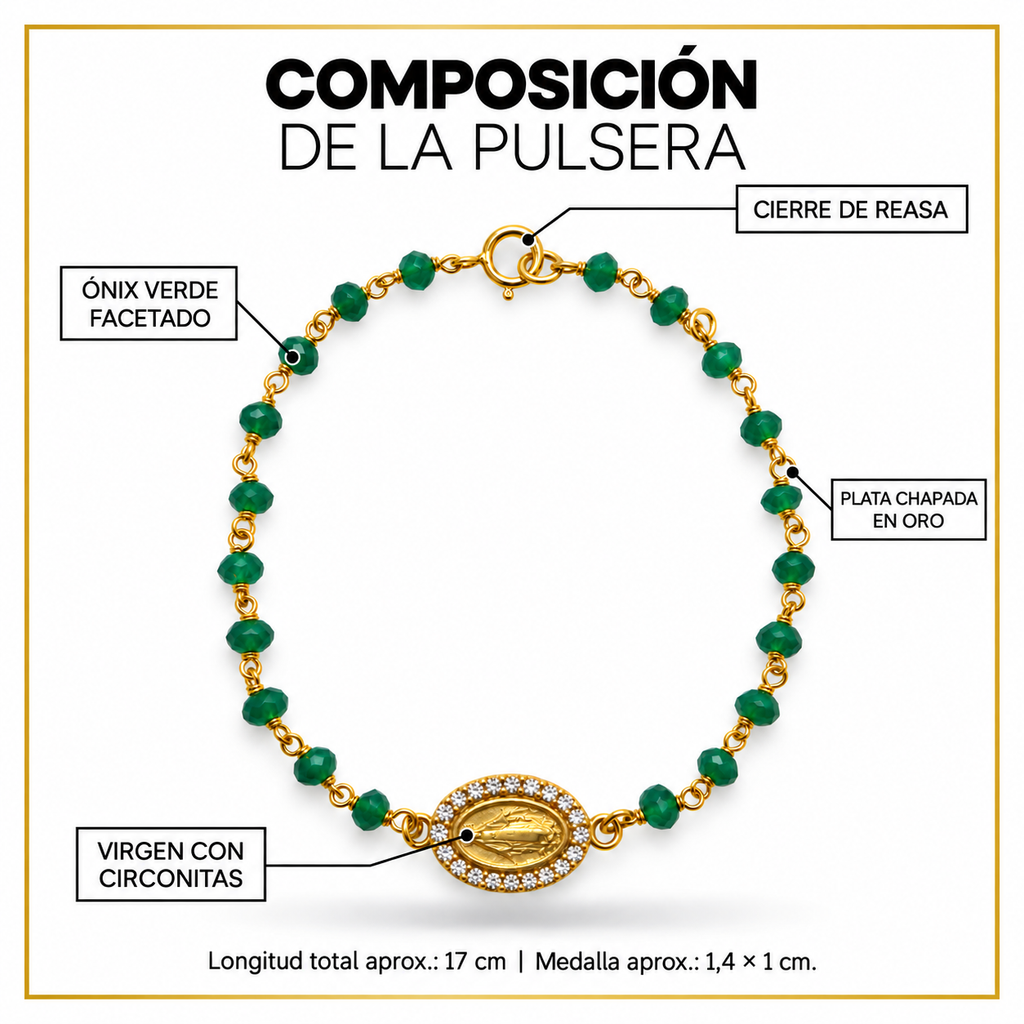 Composición de la pulsera completa: ónix verde facetado, plata chapada en oro, Virgen con circonitas y cierre de reasa; medidas aproximadas