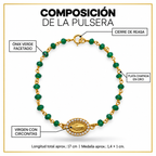 Composición de la pulsera completa: ónix verde facetado, plata chapada en oro, Virgen con circonitas y cierre de reasa; medidas aproximadas